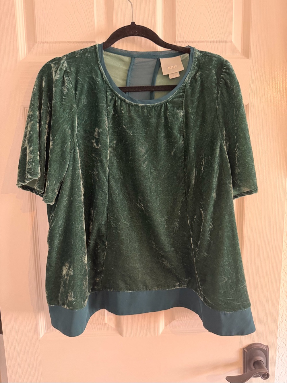Maeve Anthropologie Deep Green Velvet Short Sleeve swing Blouse with sheer Trim